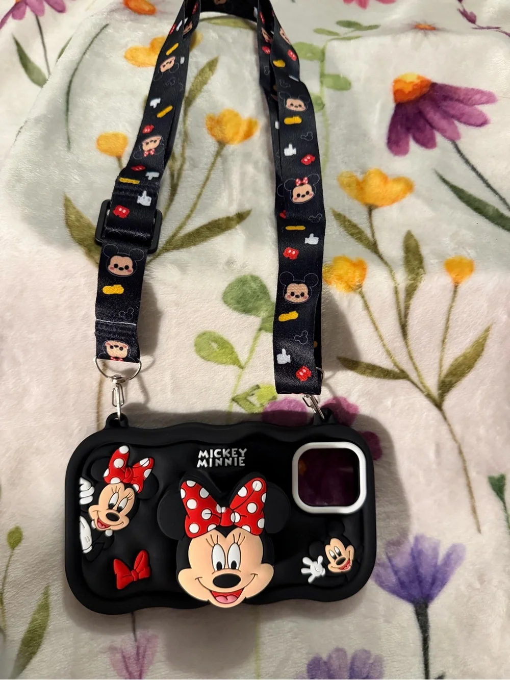 5‼️ Minnie Mouse Silicone Crossbody Pop-Socket iPhone Case - Black with Red Bow